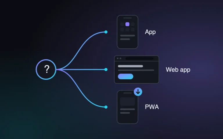 Ilustración de una bifurcación hacia tres opciones: app, web app y PWA