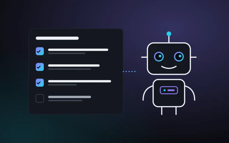Ilustración de una lista de comprobación con tres casillas marcadas junto a un robot