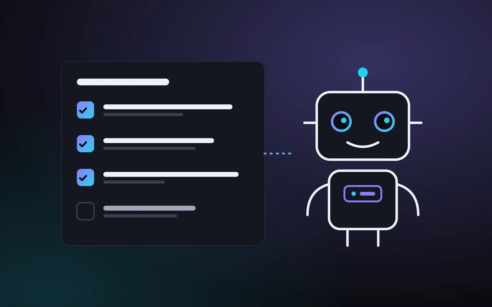 Ilustración de una lista de comprobación con tres casillas marcadas junto a un robot