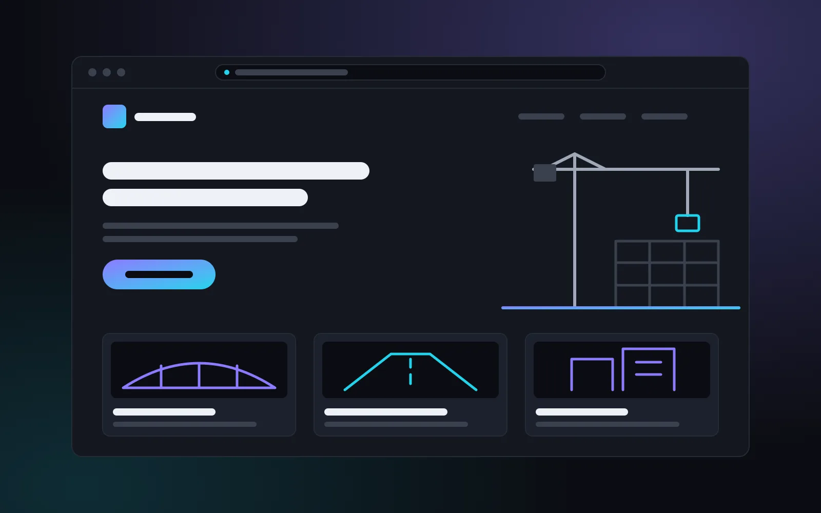 Ilustración de una página web con un titular, una grúa y tres bloques de obra